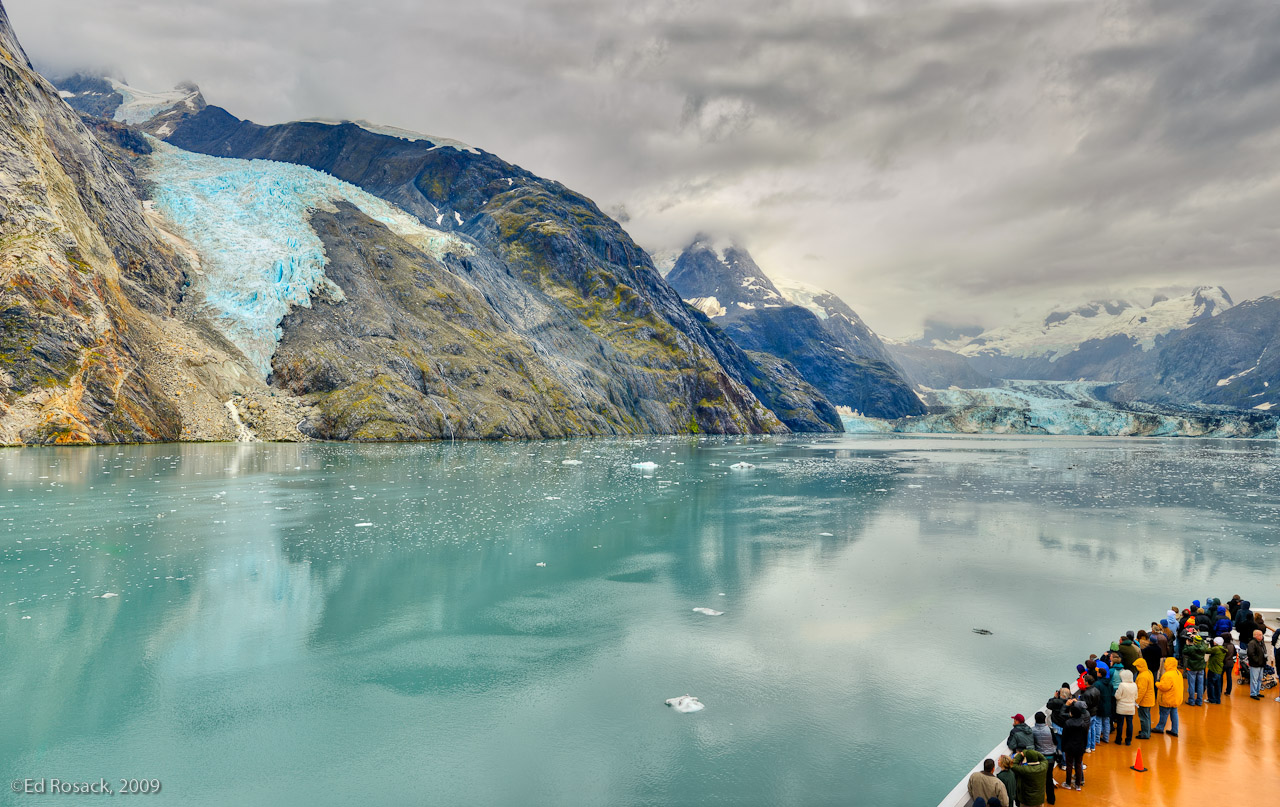 Ship, water, glacier, rock- A panorama showing Johns Hopkins Glacier from the MS Westerdam