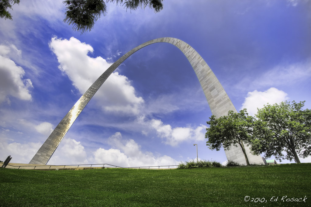: The Gateway Arch, clouds, trees